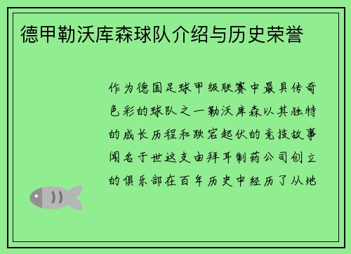 德甲勒沃库森球队介绍与历史荣誉