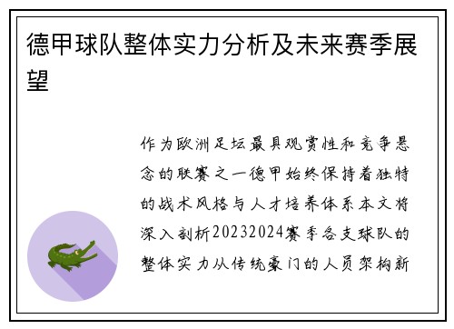 德甲球队整体实力分析及未来赛季展望